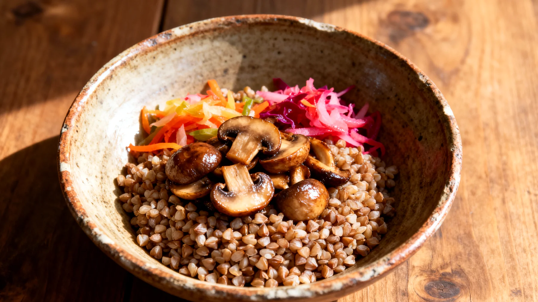 Buchweizen-Pilz-Bowl mit fermentiertem Gemüse"