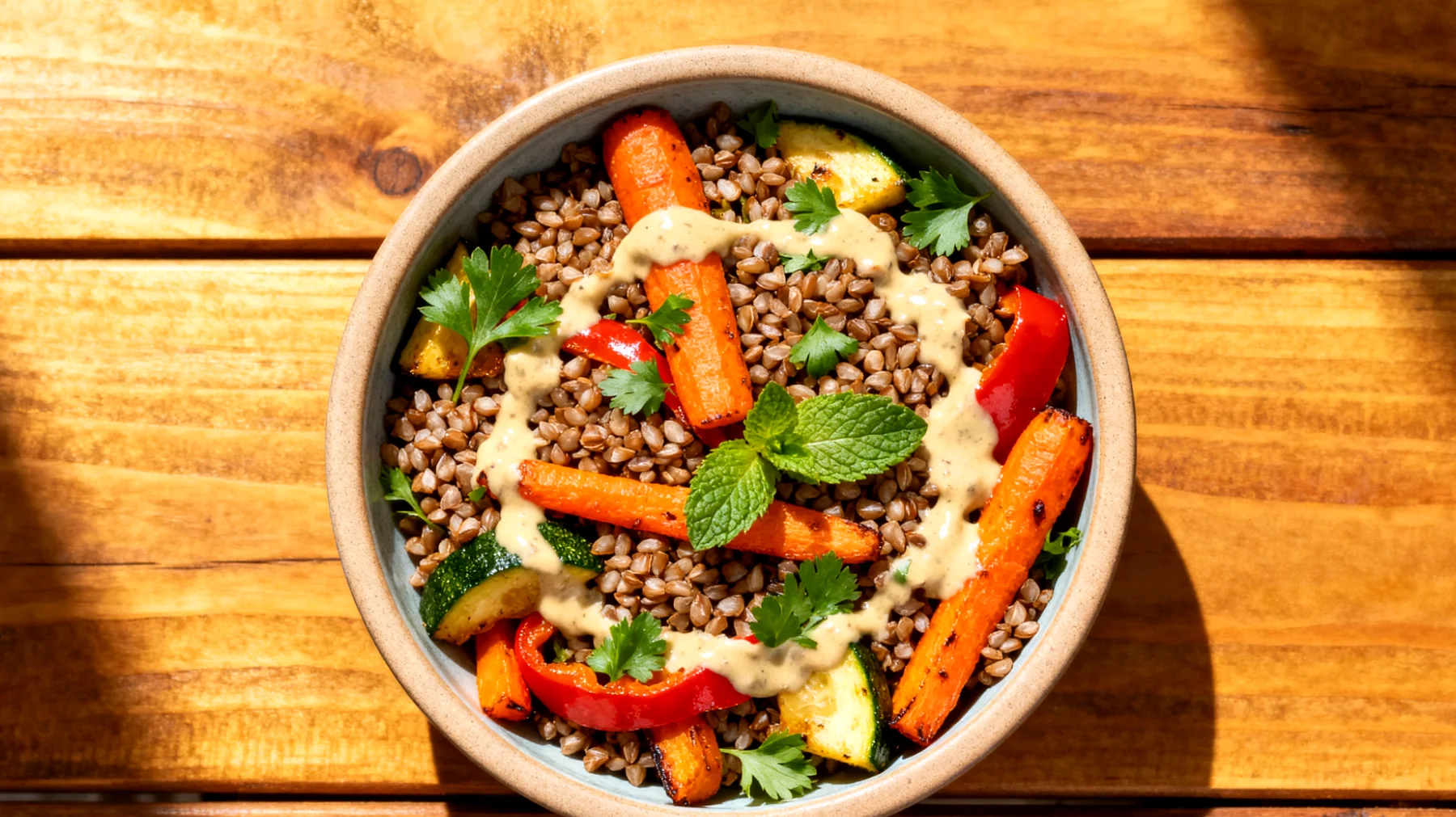 Buchweizen-Salat mit geröstetem Gemüse und Tahini-Dressing"