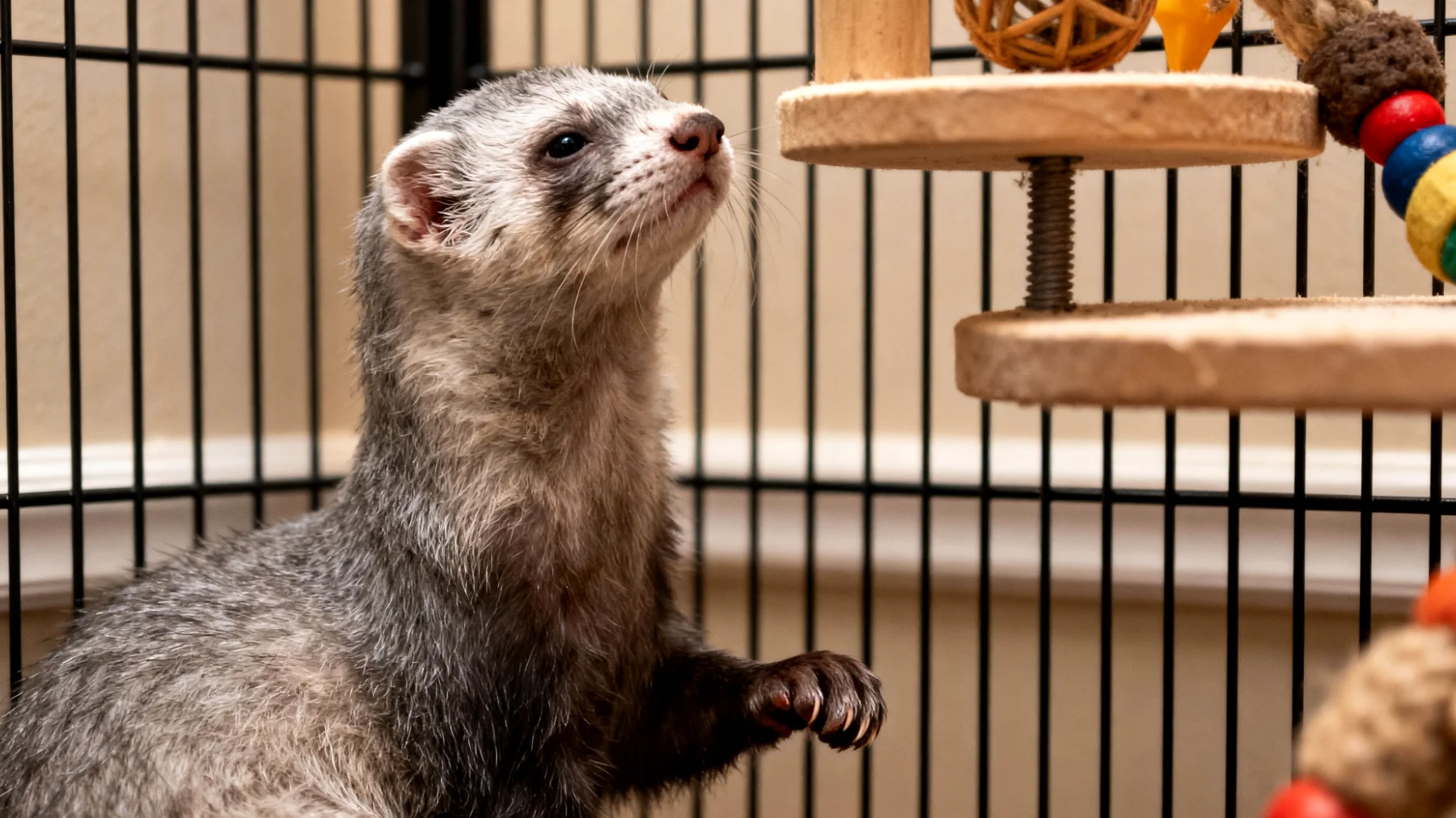 Ältere Frettchen leiden häufig unter Gelenkbeschwerden und Arthrose, wodurch ihre Beweglichkeit eingeschränkt wird und sie Schmerzen beim Klettern und Spielen haben"