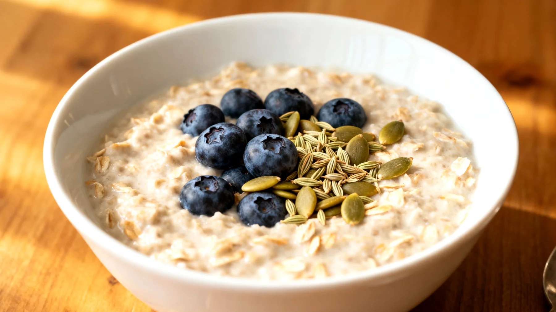 Haferflocken-Porridge mit Fenchelsamen, Blaubeeren und Kürbiskernen"