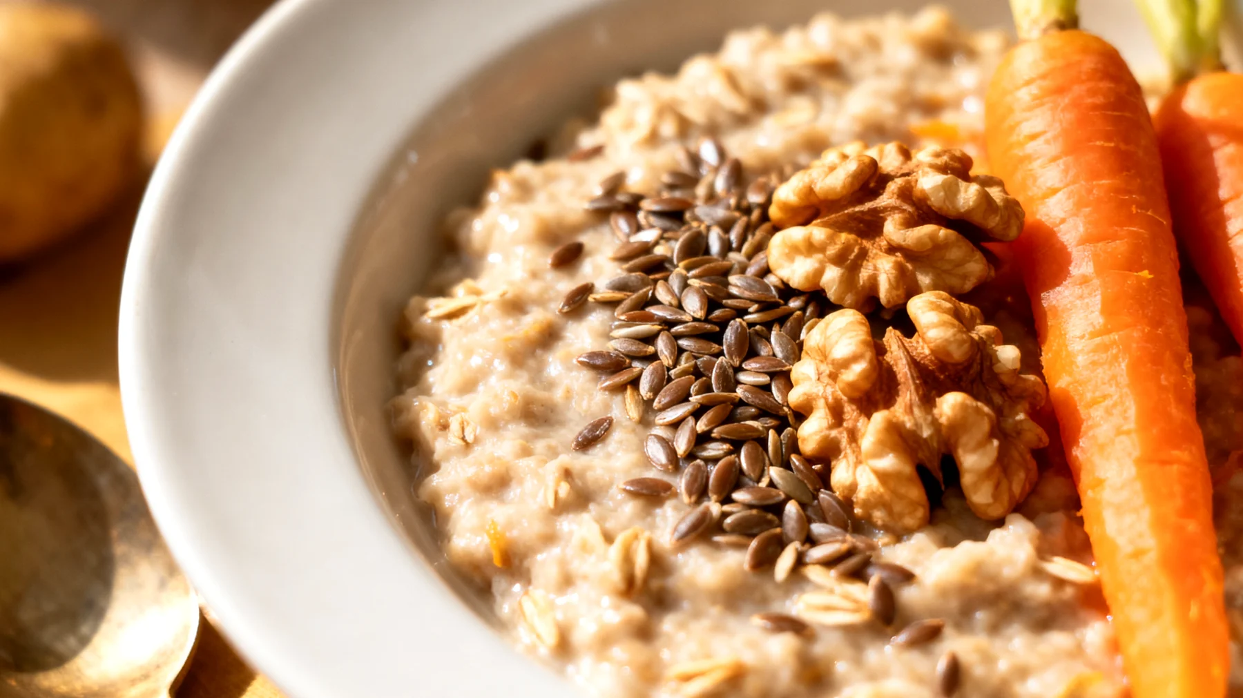 Haferflocken-Porridge mit Leinsamen, Walnüssen und gedünsteten Karotten"