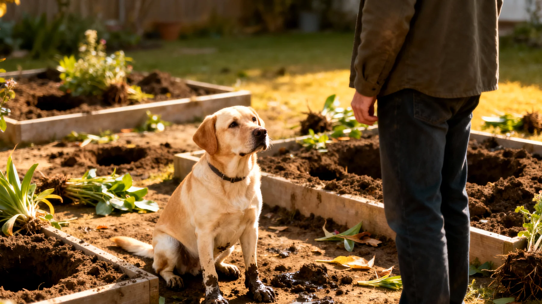 Hunde graben oft Löcher im Garten, zerstören Beete und buddeln Pflanzen aus, was zu Frustration bei Besitzern und einem verwüsteten Garten führt"