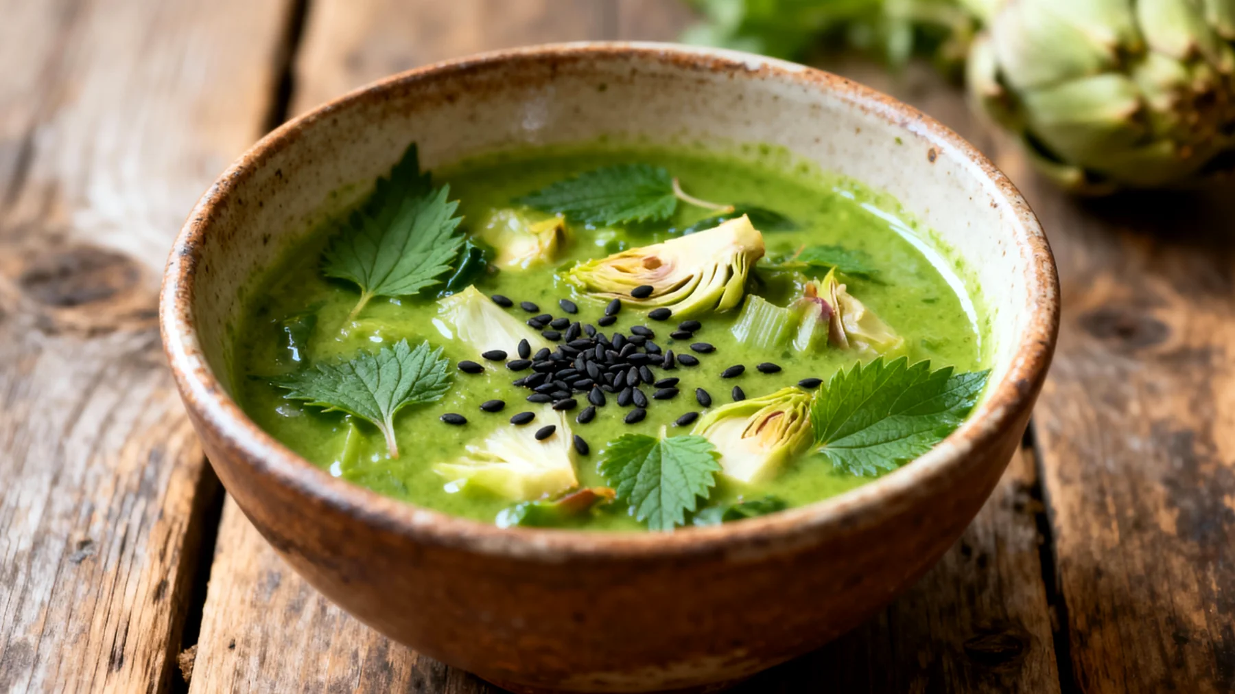 Löwenzahn-Artischocken-Suppe mit Brennnessel und Schwarzkümmel"