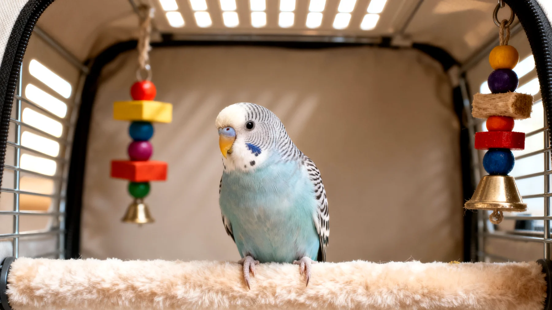 Wellensittiche benötigen während einer Reise sichere Transportmöglichkeiten und mentale Stimulation, um Stress zu vermeiden und gleichzeitig beschäftigt zu bleiben"