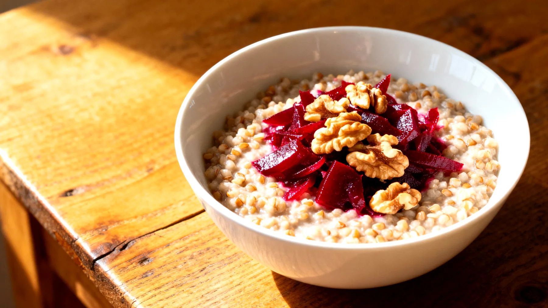 Buchweizen-Porridge mit fermentierten Rüben und Walnüssen"