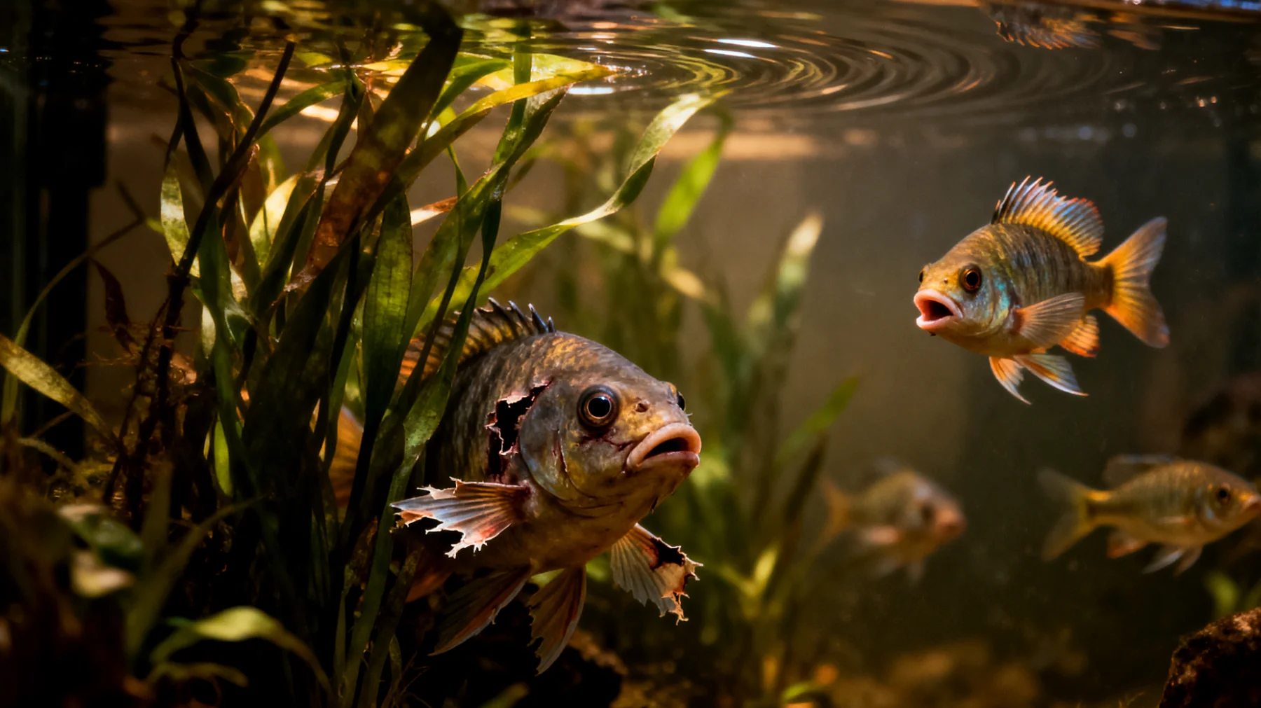 Fische zeigen aggressives Verhalten gegenüber anderen Fischarten im Aquarium, was zu Stress, Verletzungen und unzureichender Nahrungsaufnahme bei schwächeren Fischen führt"