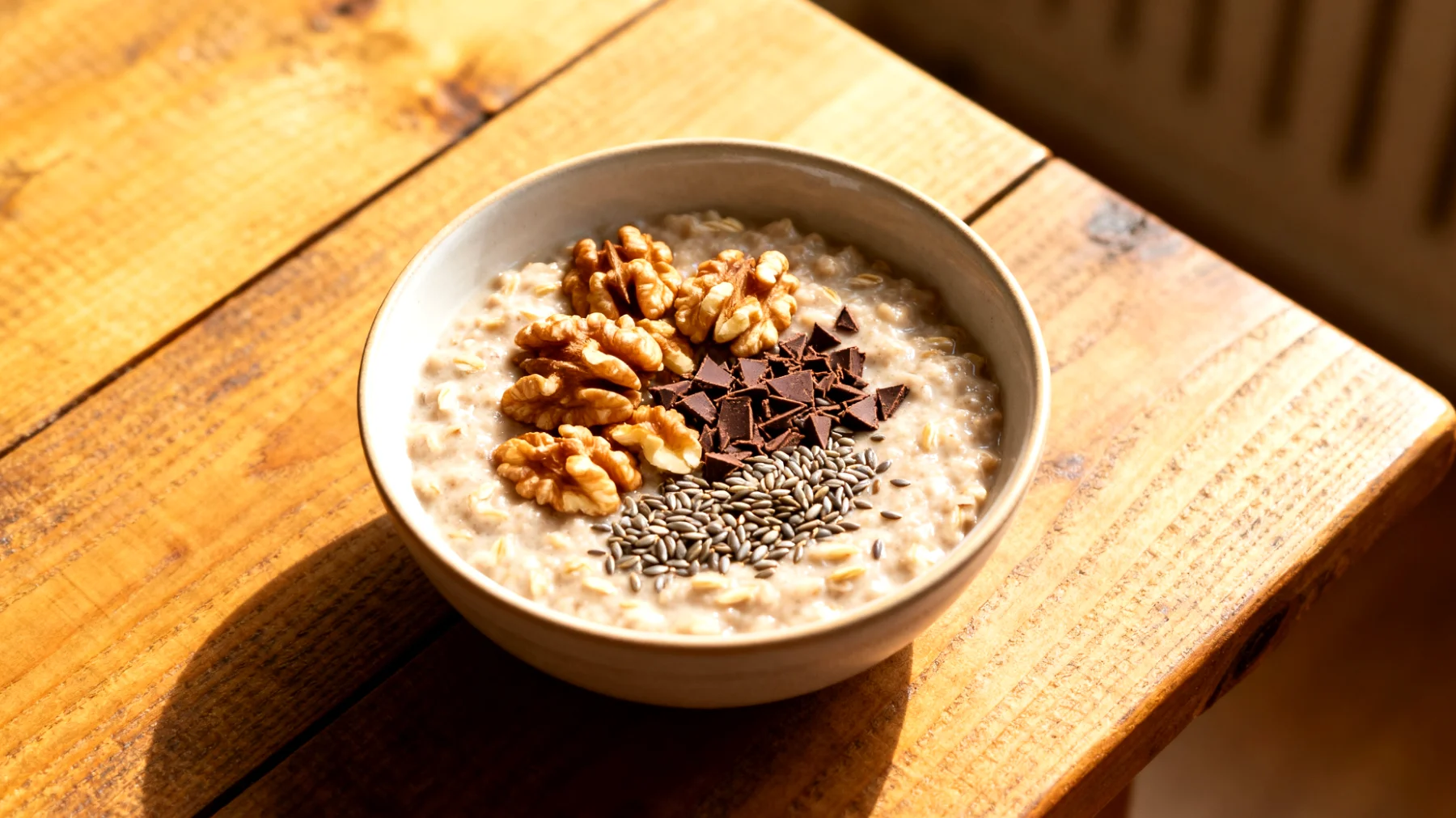 Haferporridge mit Walnüssen, Leinsamen und Kakao-Nibs"