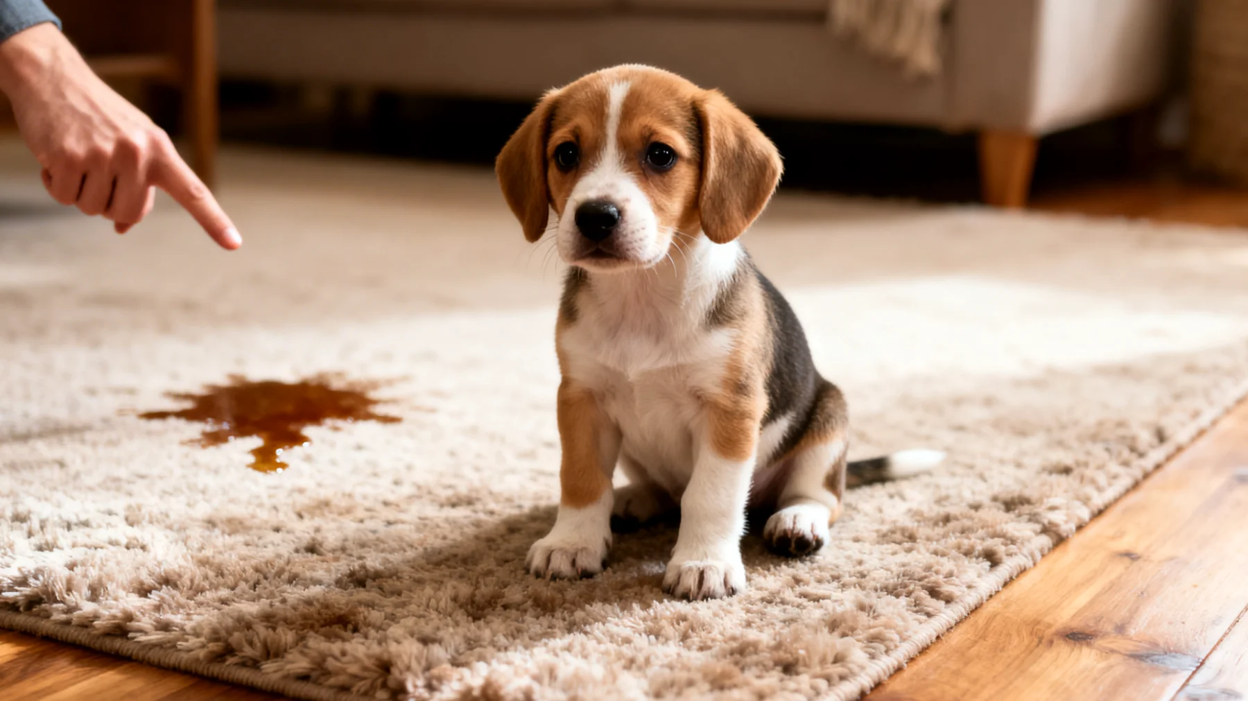 Welpen haben noch keine vollständige Blasenkontrolle und müssen häufig ihre Notdurft verrichten, was beim Training zur Stubenreinheit im Haus eine große Herausforderung darstellt und zu Unfällen auf Teppichen, Möbeln und Böden führen kann"