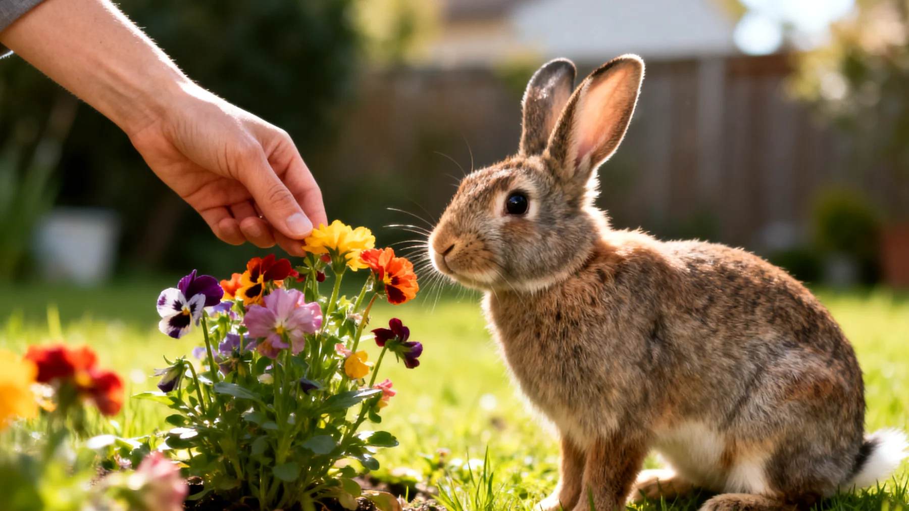 Kaninchen im Garten benötigen spezielle Trainings- und Verhaltensübungen, um sie sicher zu beschäftigen, Rückrufkommandos zu etablieren und unerwünschtes Verhalten wie Ausbrechen oder das Anknabbern giftiger Pflanzen zu verhindern"