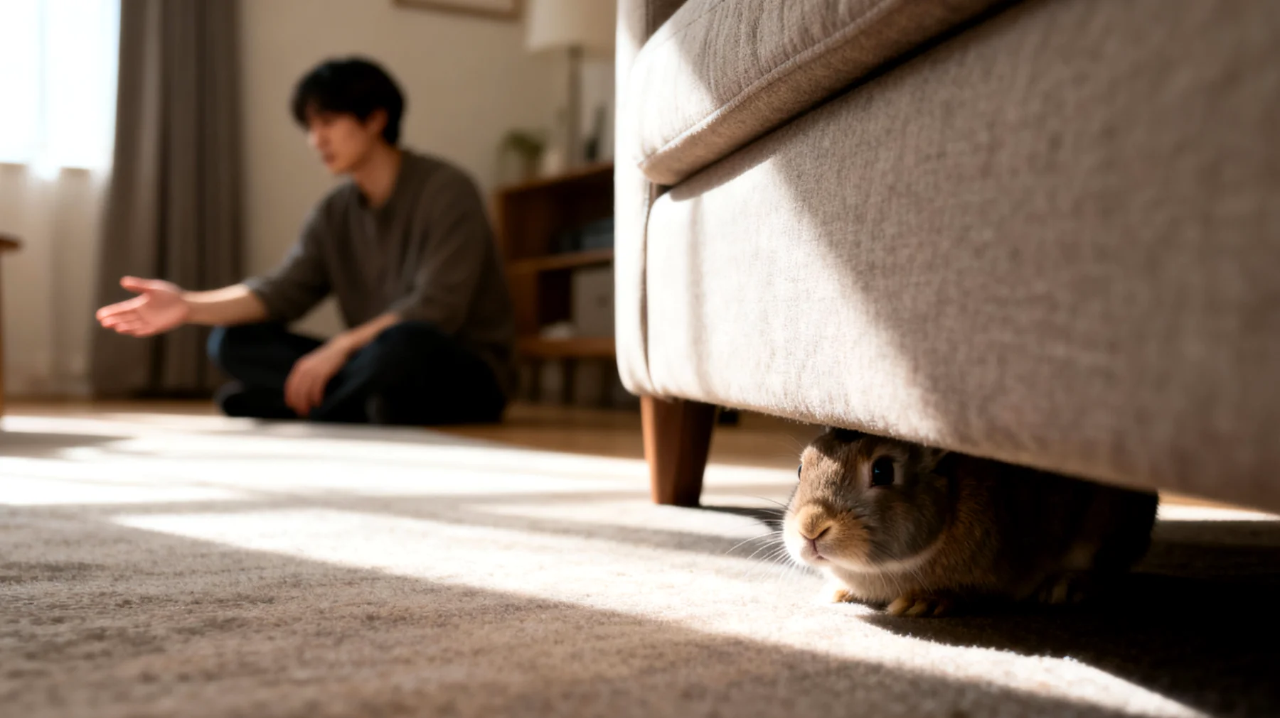 Neu adoptierte Kaninchen zeigen in der Wohnung oft Angst und Unsicherheit, verstecken sich ständig und bauen kein Vertrauen zum neuen Besitzer auf, was die Eingewöhnung erheblich erschwert"