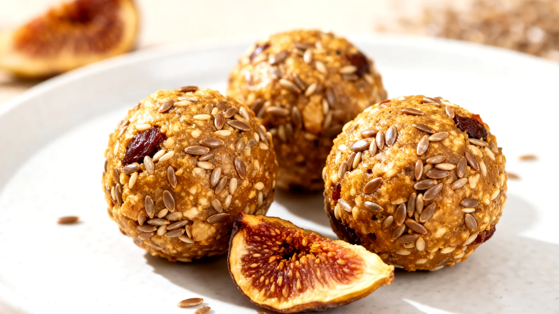 Tigernuss-Energiebällchen mit Leinsamen und getrockneten Feigen"
