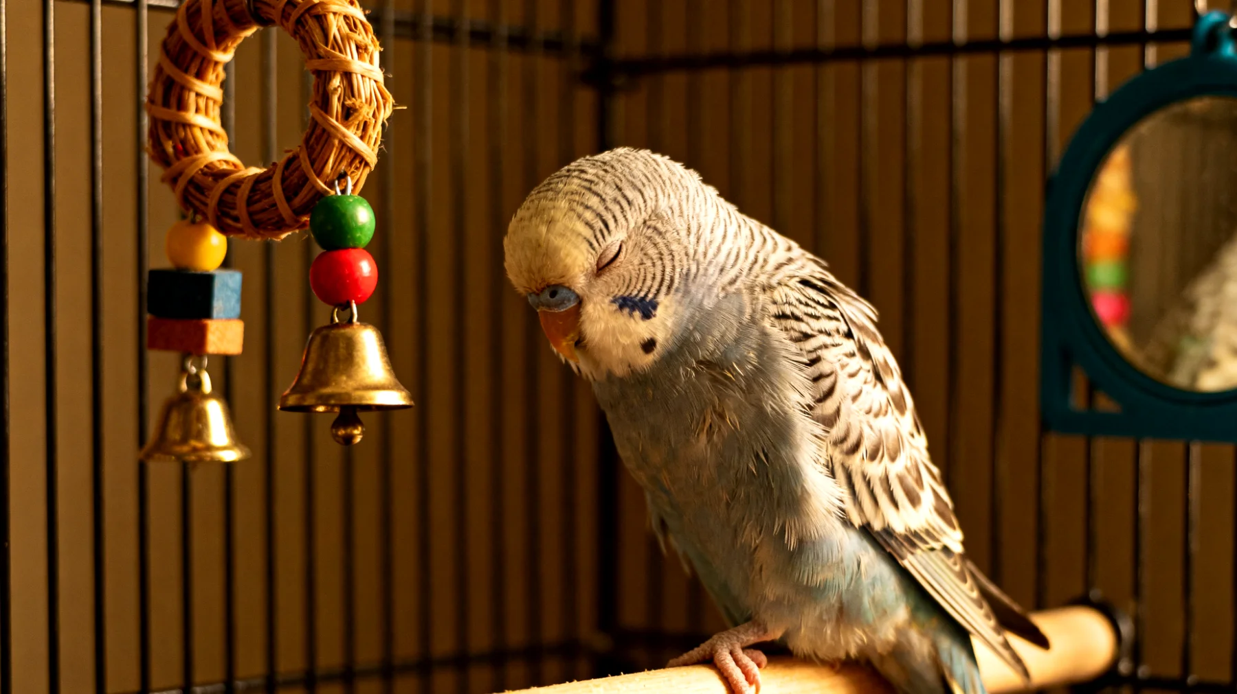 Ältere Wellensittiche verlieren oft das Interesse an Spiel und Beschäftigung, was zu Bewegungsmangel, geistigem Abbau und Isolation führen kann"